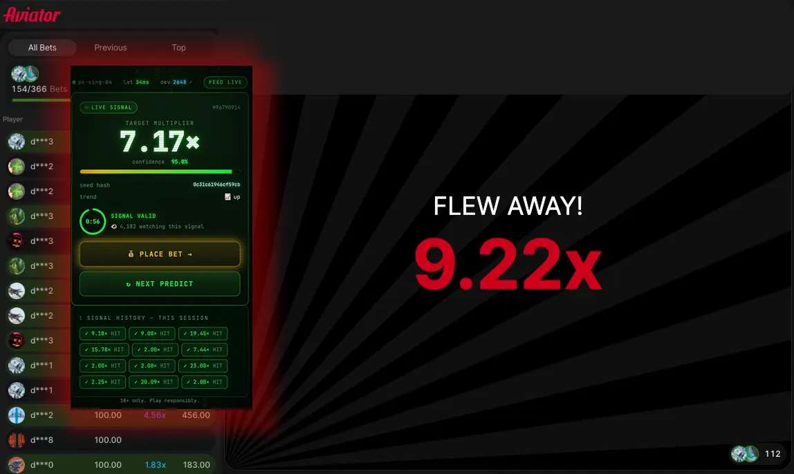 Aviator Predictor APK panelida 7.17x signal namunasi
